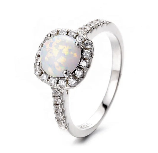 Round Opal Halo Sterling Silver Ring with AAA Cubic Zirconia