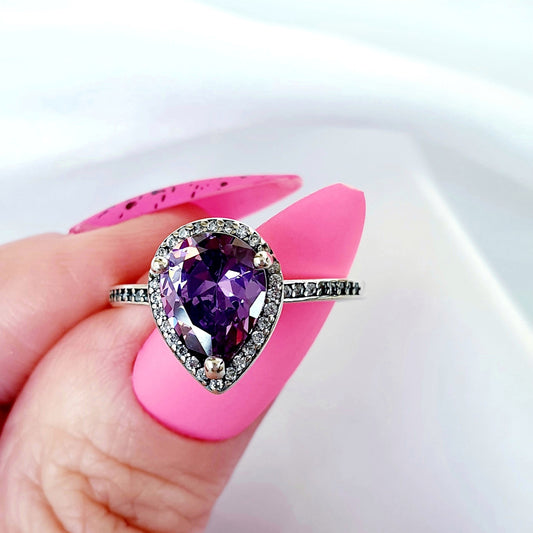 Pear Cut Purple AAA Cubic Zirconia Sterling Silver Ring