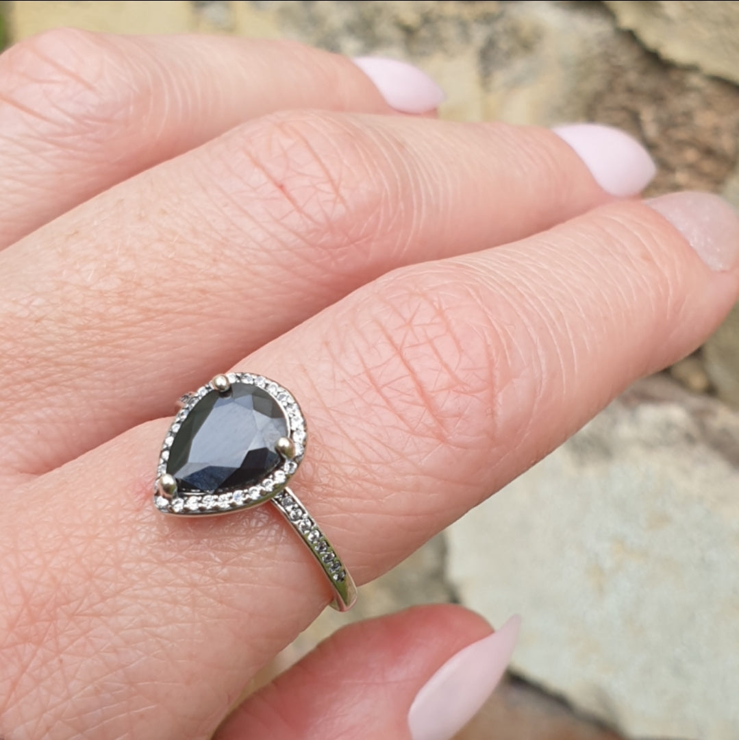 Pear Cut Black AAA Cubic Zirconia Sterling Silver Ring