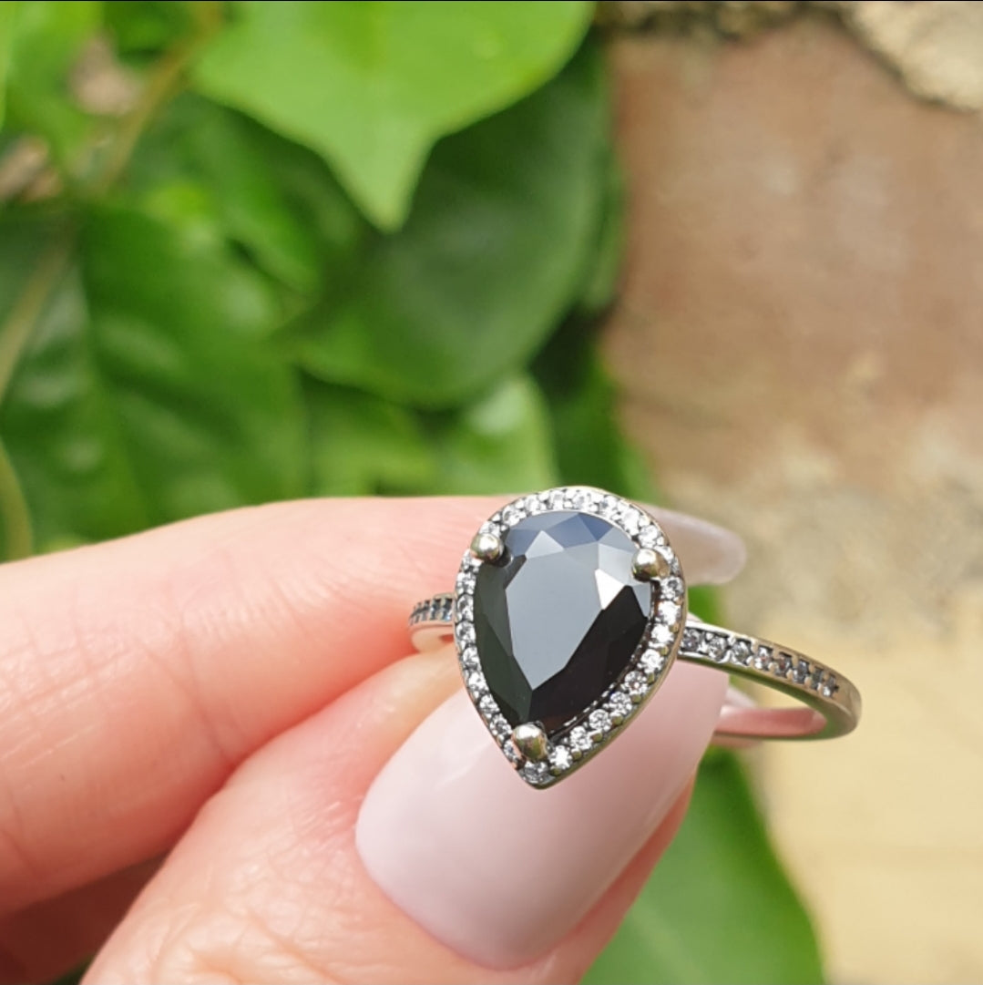 Pear Cut Black AAA Cubic Zirconia Sterling Silver Ring