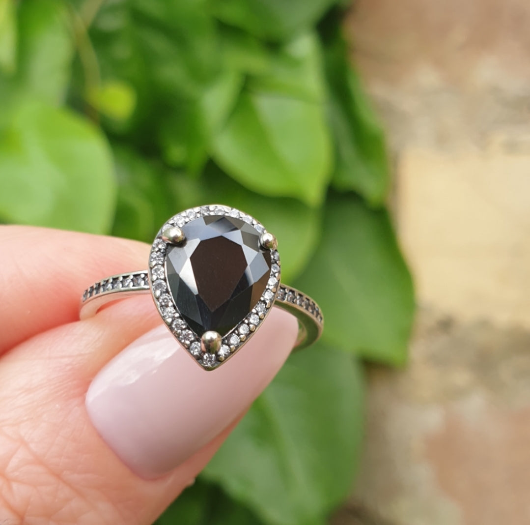 Pear Cut Black AAA Cubic Zirconia Sterling Silver Ring