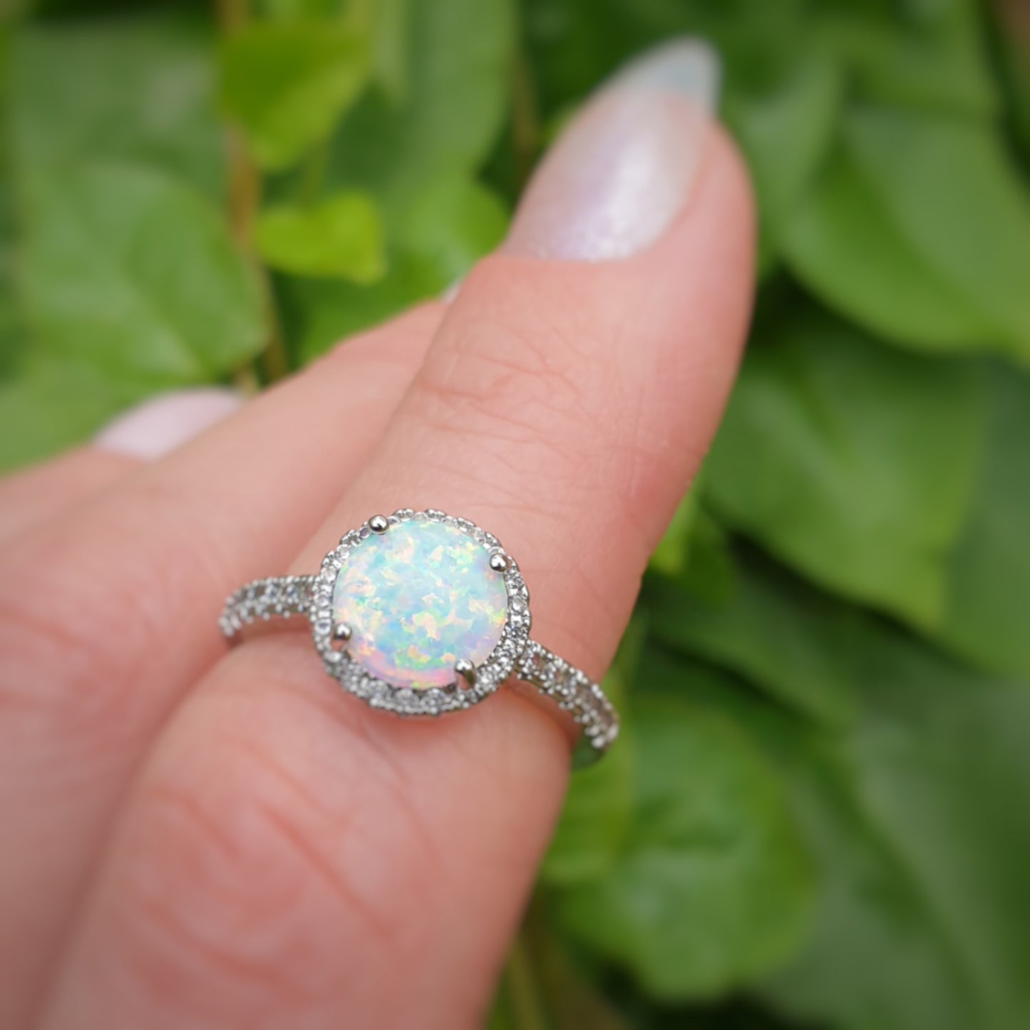 Round Opal Halo Sterling Silver Ring with AAA Cubic Zirconia